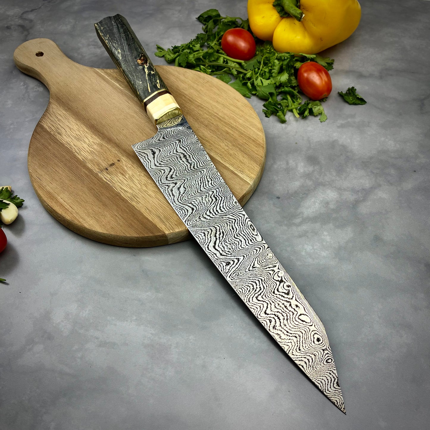 Damascus & Mammoth Tusk Japanese Kiritsuke