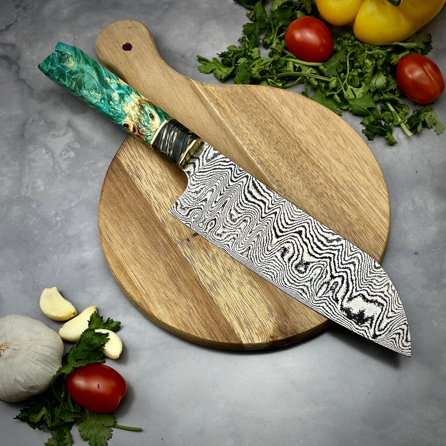 Japanese Santoku - Live Edge Maple Handle - Hand Forged Damascus Steel