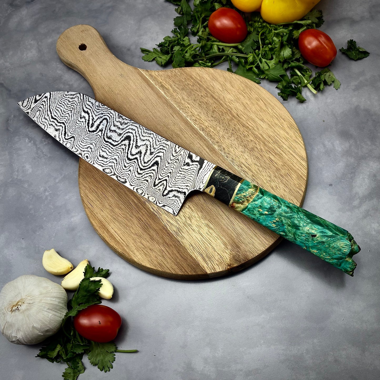 Japanese Santoku - Live Edge Maple Handle - Hand Forged Damascus Steel