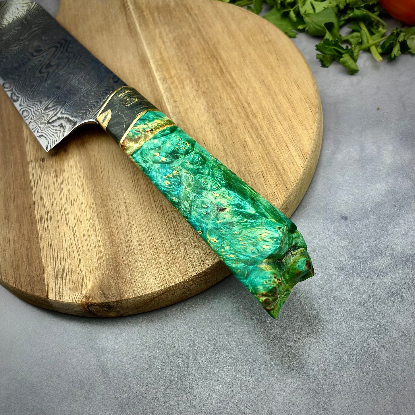 Japanese Santoku - Live Edge Maple Handle - Hand Forged Damascus Steel