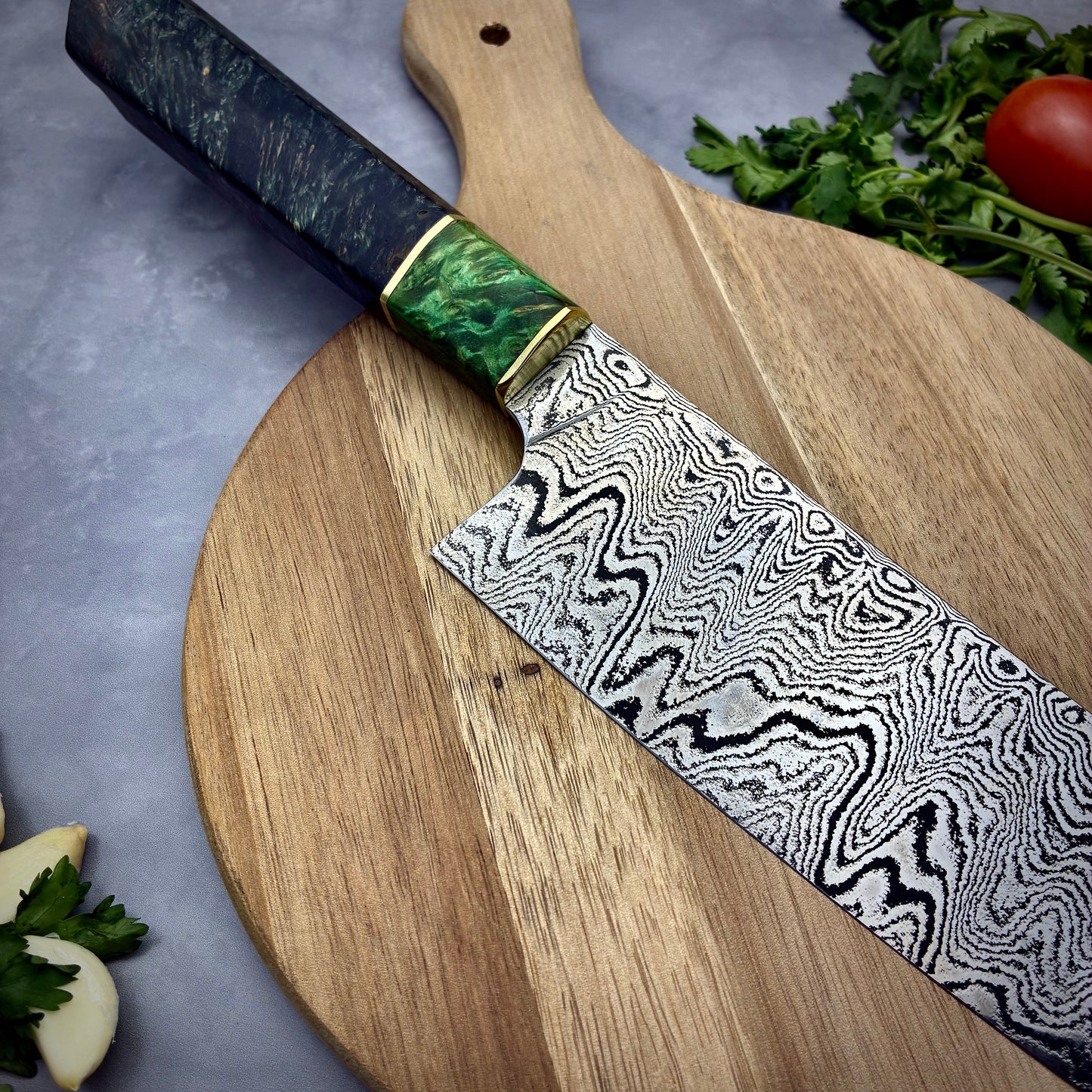 Japanese Santoku - Live Edge Maple Handle - Hand Forged Damascus Steel