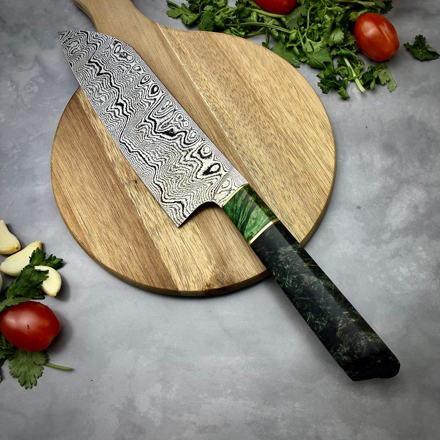 Japanese Santoku - Live Edge Maple Handle - Hand Forged Damascus Steel