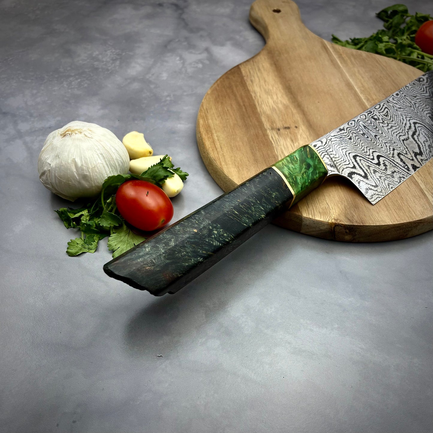 Japanese Santoku - Live Edge Maple Handle - Hand Forged Damascus Steel