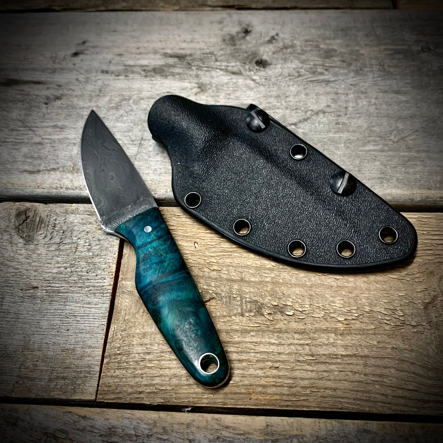 Damascus EDC Knife with Blue Maple Burl Handle