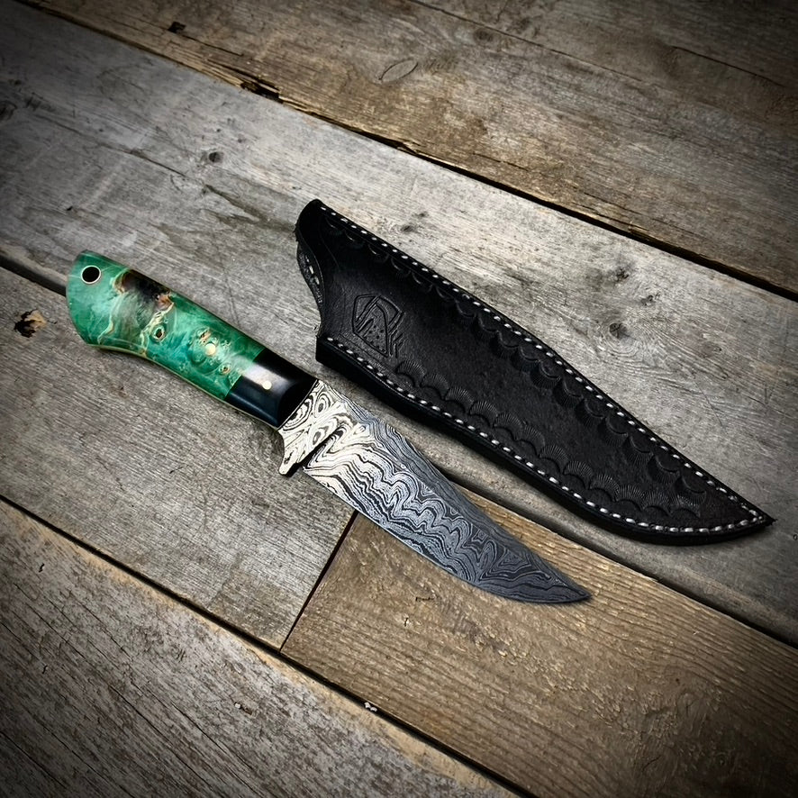 Damascus Hunter Green Maple Burl Handle