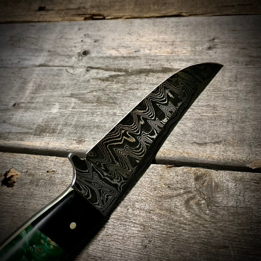 Damascus Hunter Green Maple Burl Handle