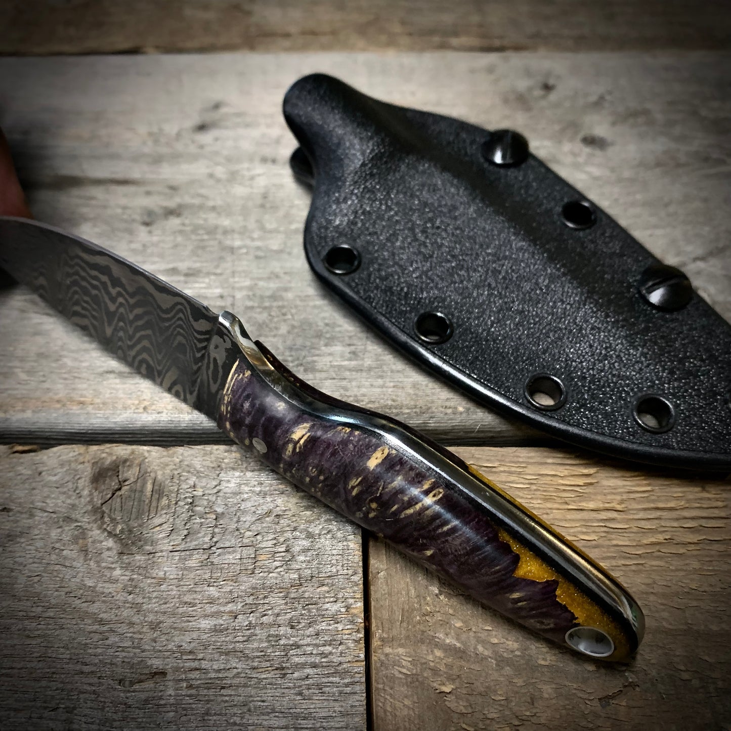 Damascus EDC Knife with Purple Maple Burl Handle