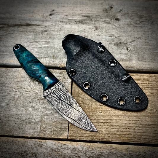 Damascus EDC Knife with Blue Maple Burl Handle