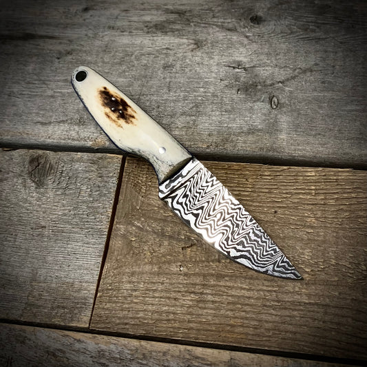 Damascus EDC Knife Deer Antler Handle