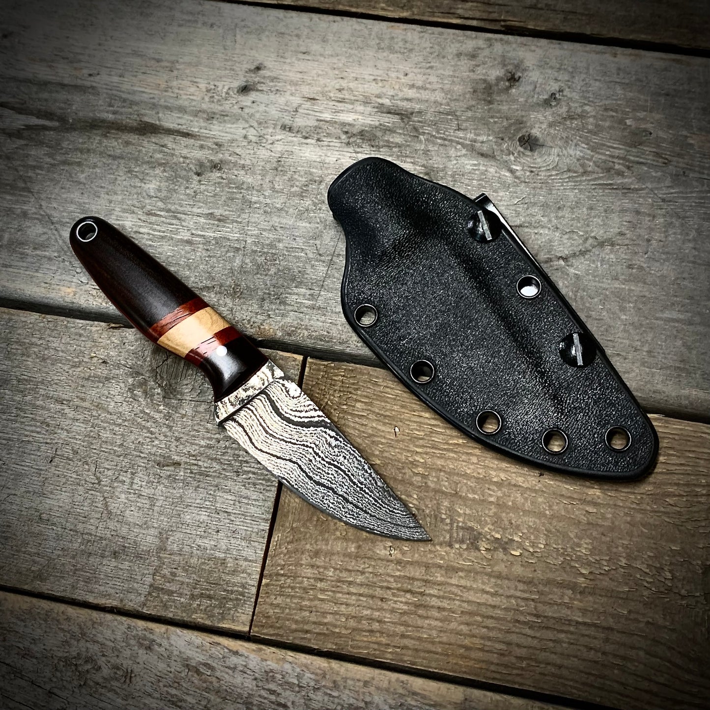 Damascus EDC Knife with Laminated Wood Handle