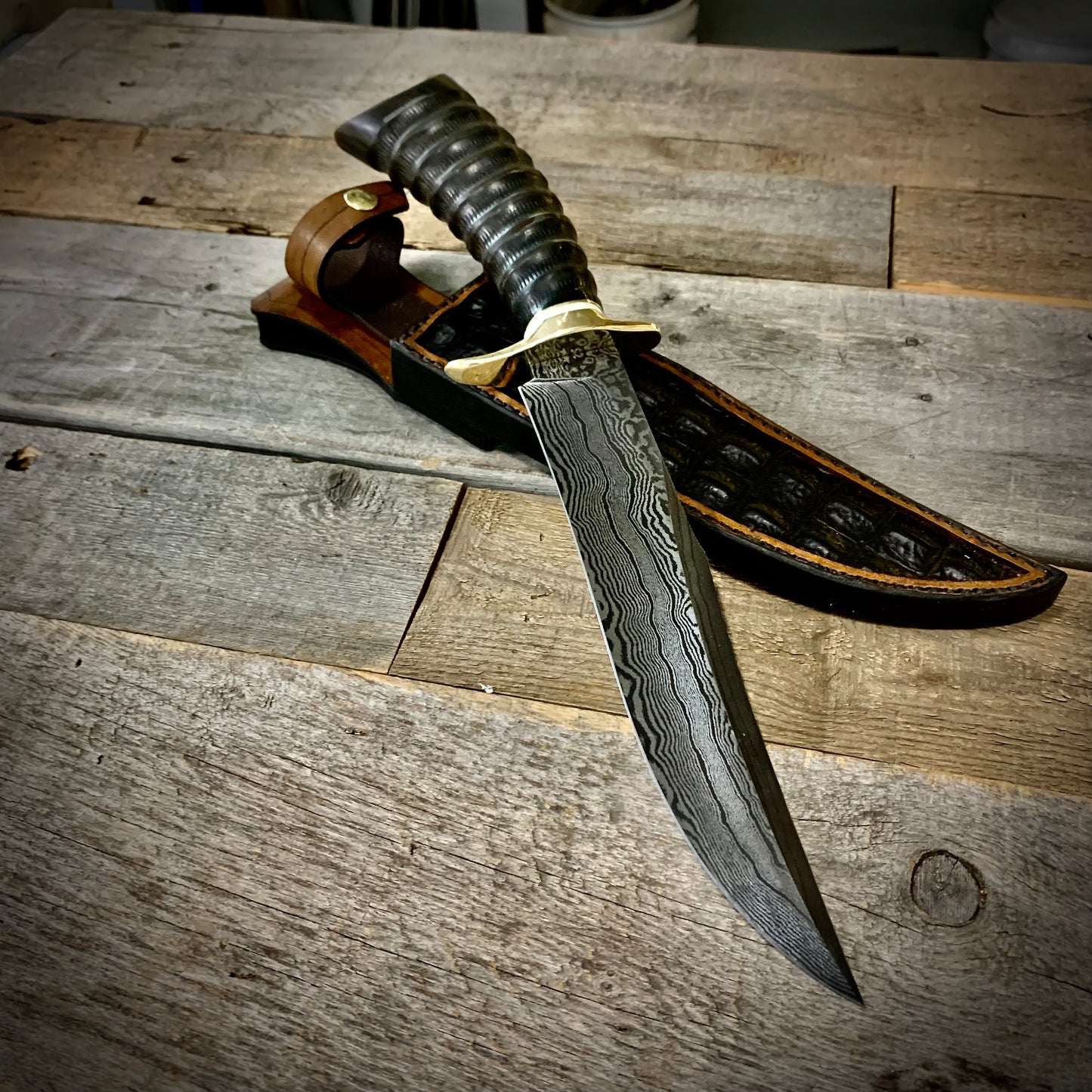 Damascus Bowie Bison Horn Handle