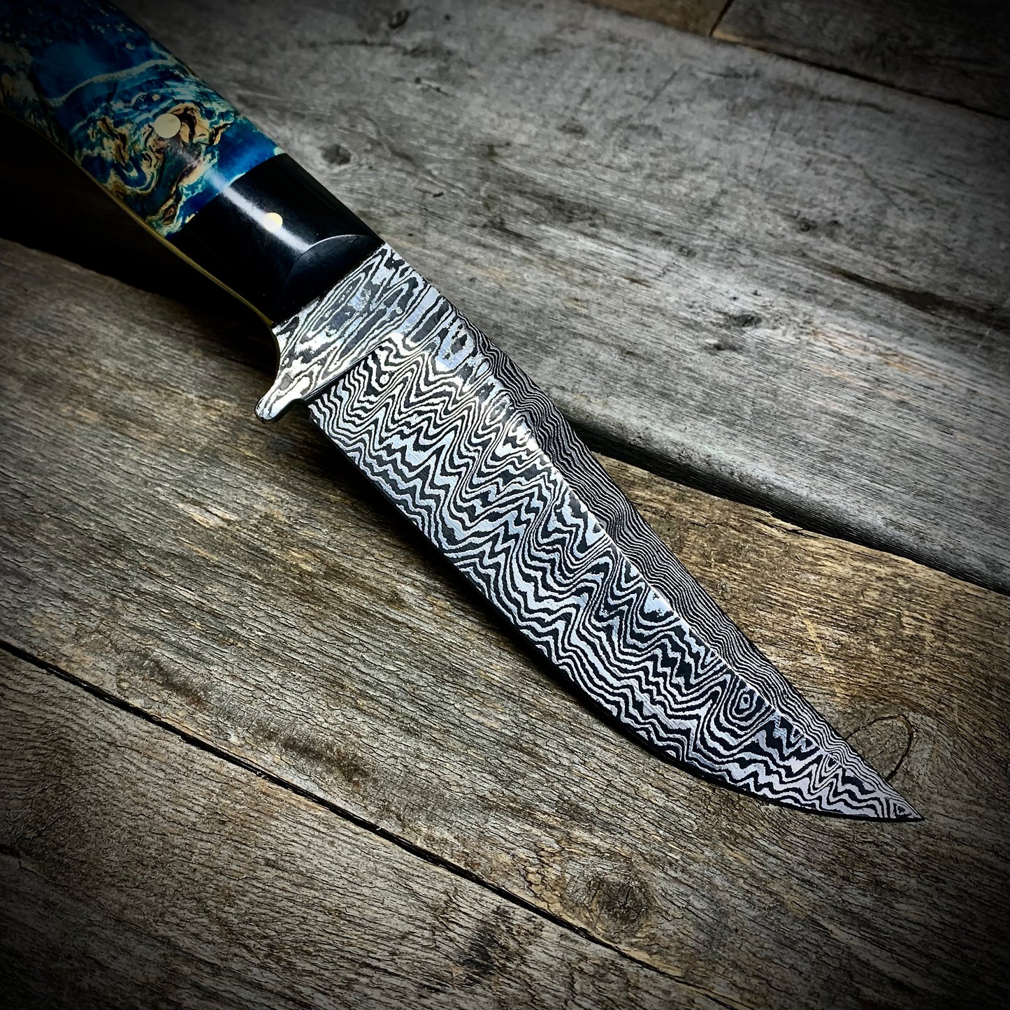 Damascus Hunter Blue Maple Burl Handle