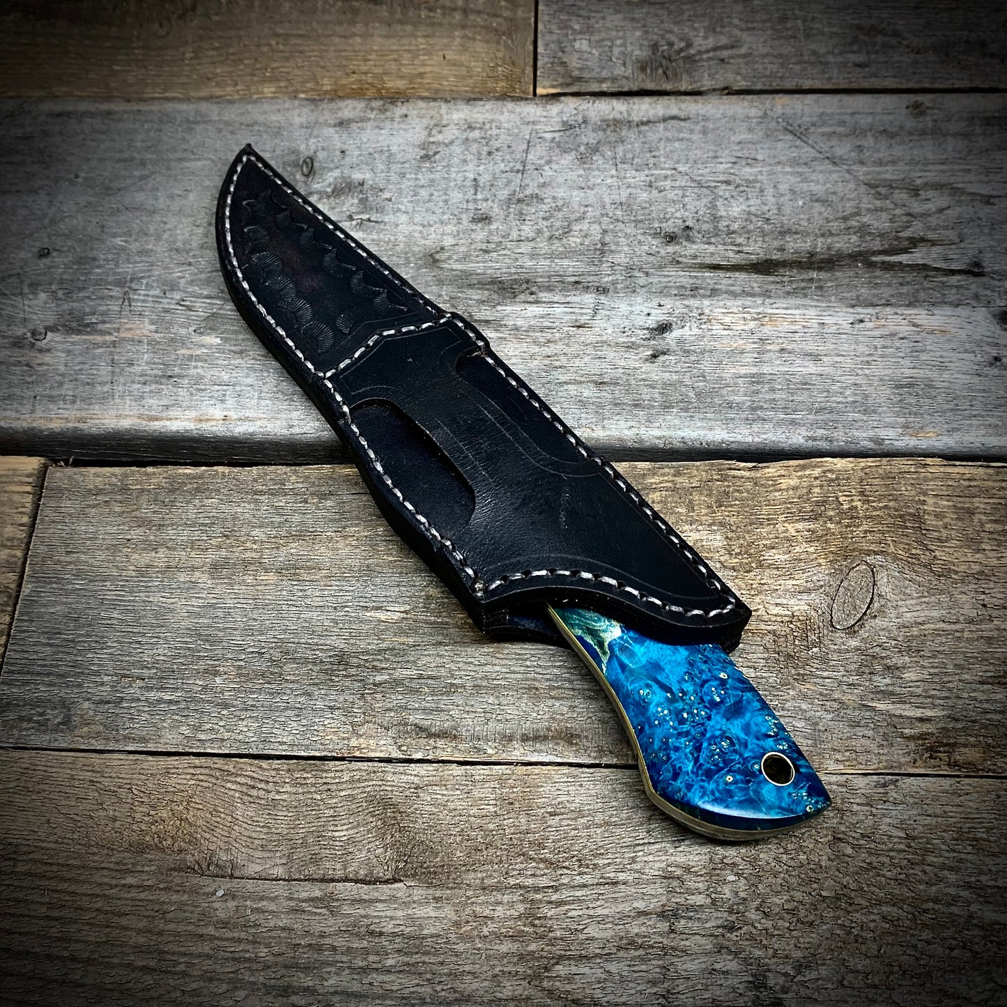 Damascus Hunter Blue Maple Burl Handle