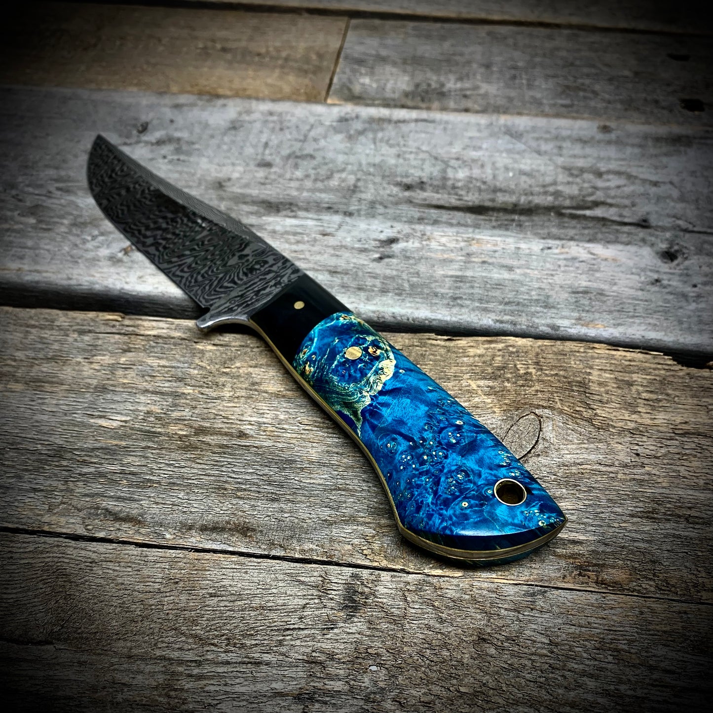 Damascus Hunter Blue Maple Burl Handle