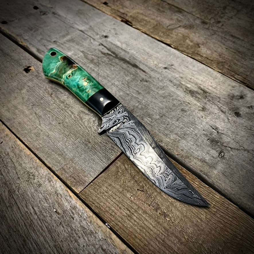 Damascus Hunter Green Maple Burl Handle