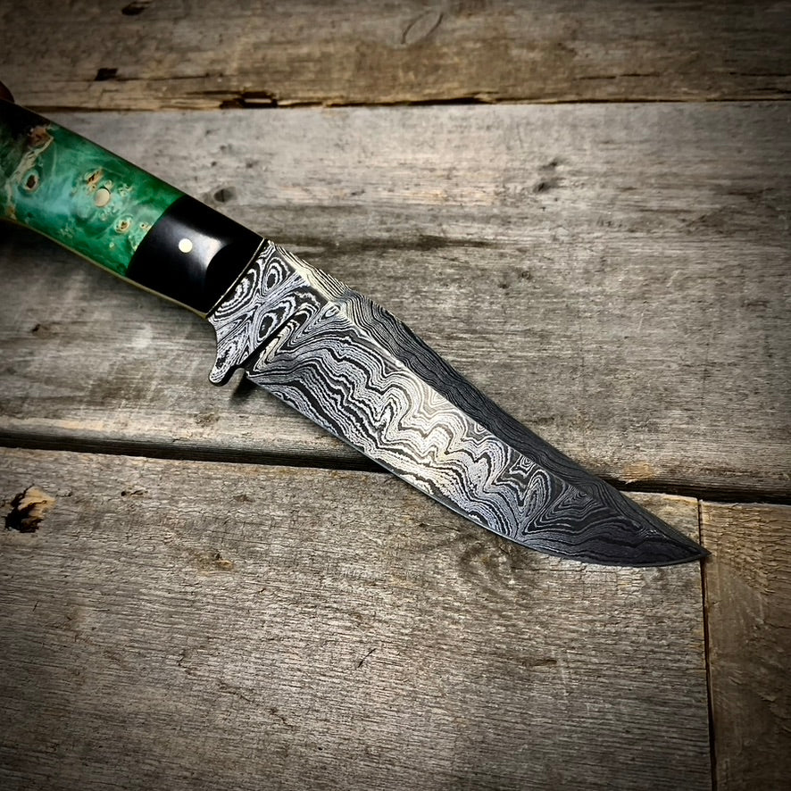 Damascus Hunter Green Maple Burl Handle