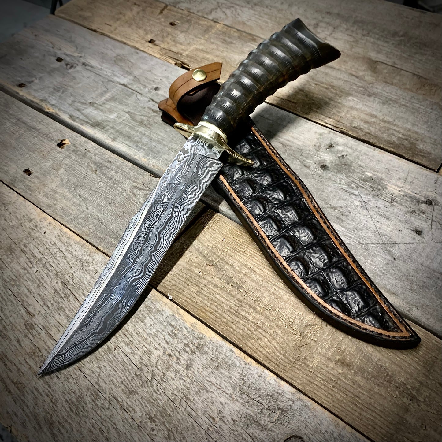 Damascus Bowie Bison Horn Handle