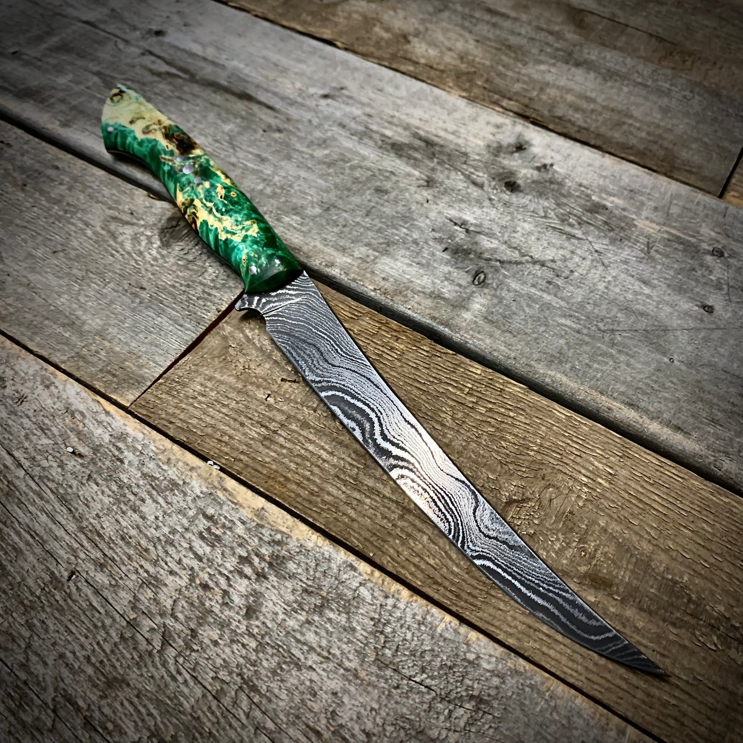 Damascus Fillet Knife (Green Manitoba Maple Handle)