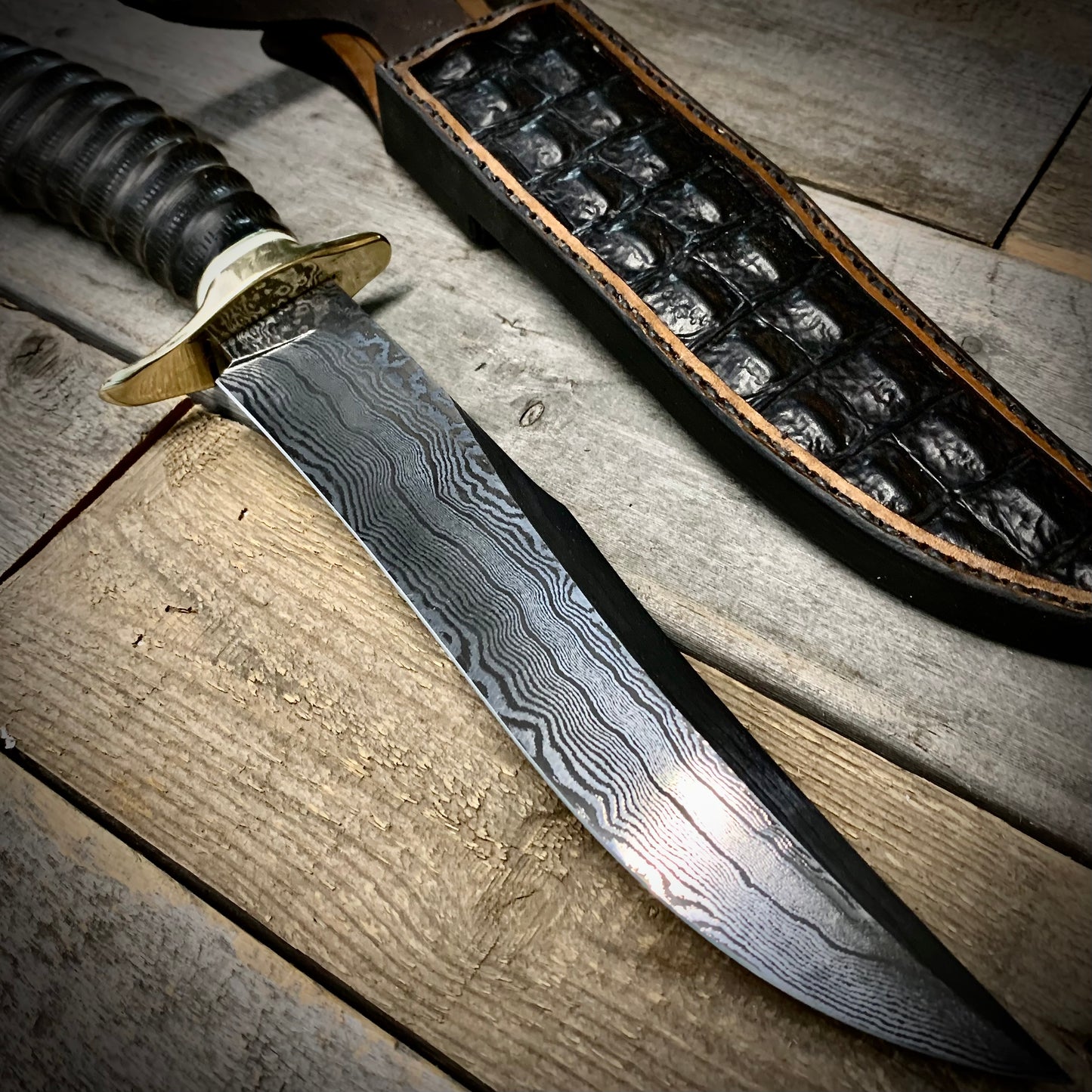 Damascus Bowie Bison Horn Handle