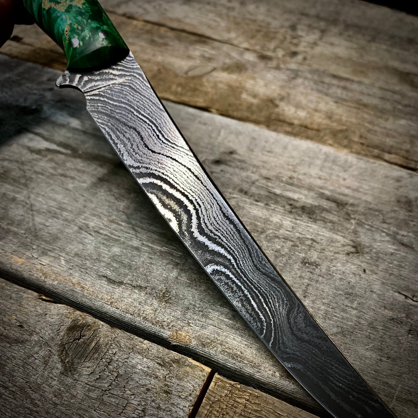 Damascus Fillet Knife (Green Manitoba Maple Handle)