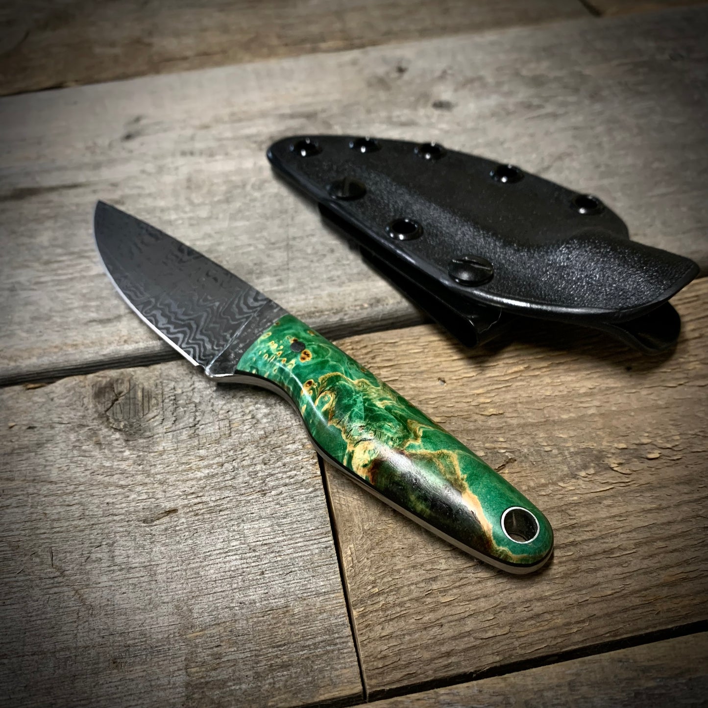 Damascus EDC Knife with Green Maple Handle