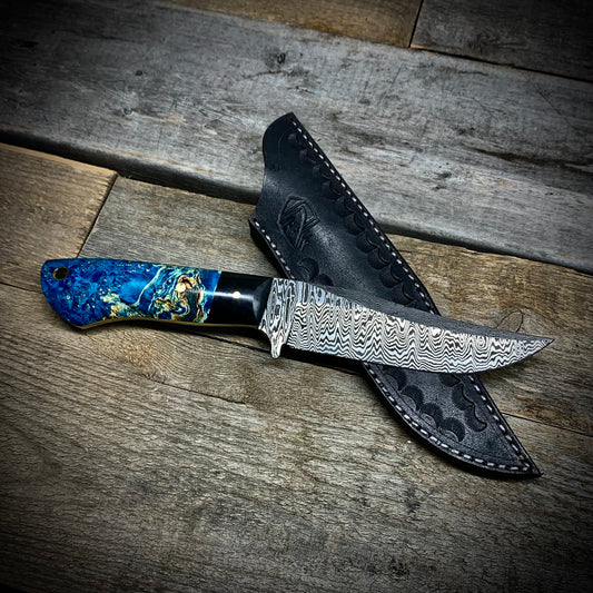 Damascus Hunter Blue Maple Burl Handle