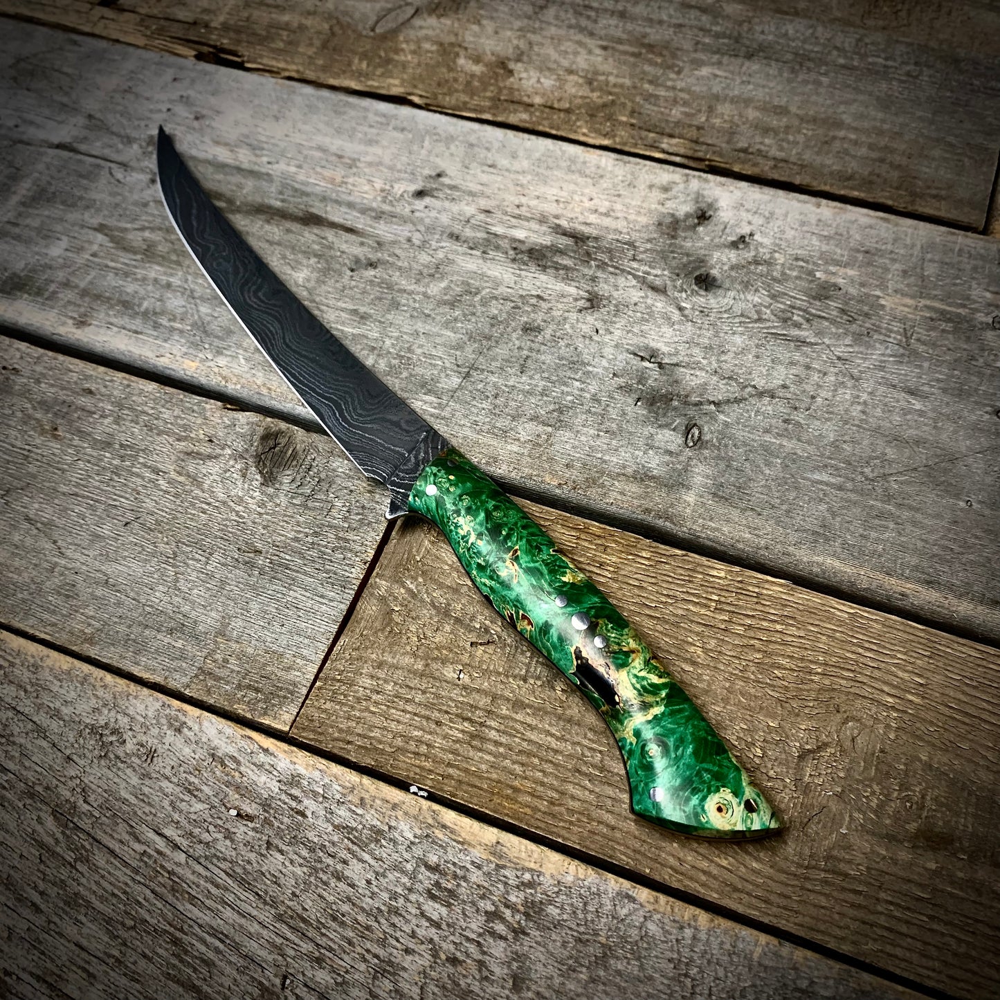 Damascus Fillet Knife (Green Manitoba Maple Handle)