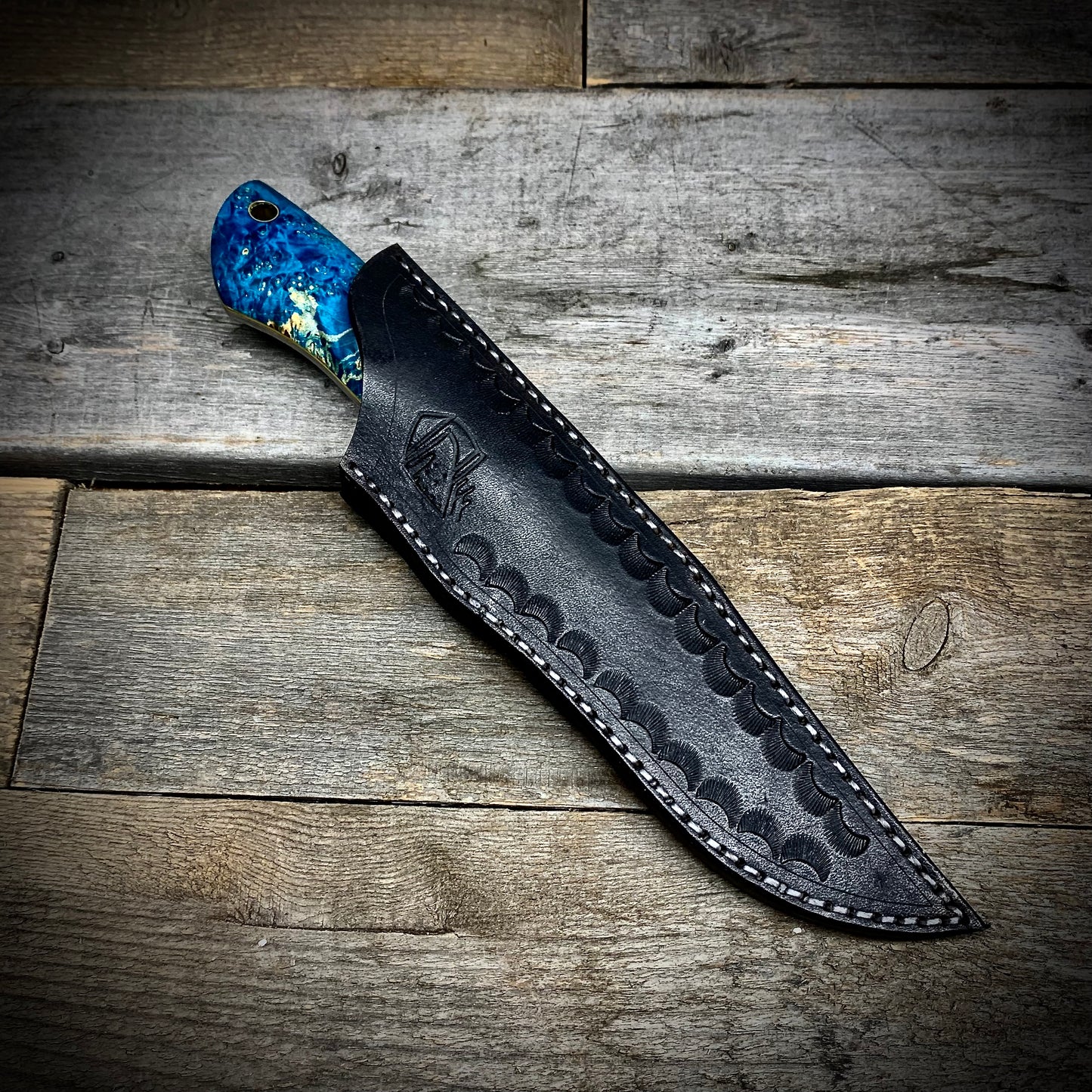 Damascus Hunter Blue Maple Burl Handle