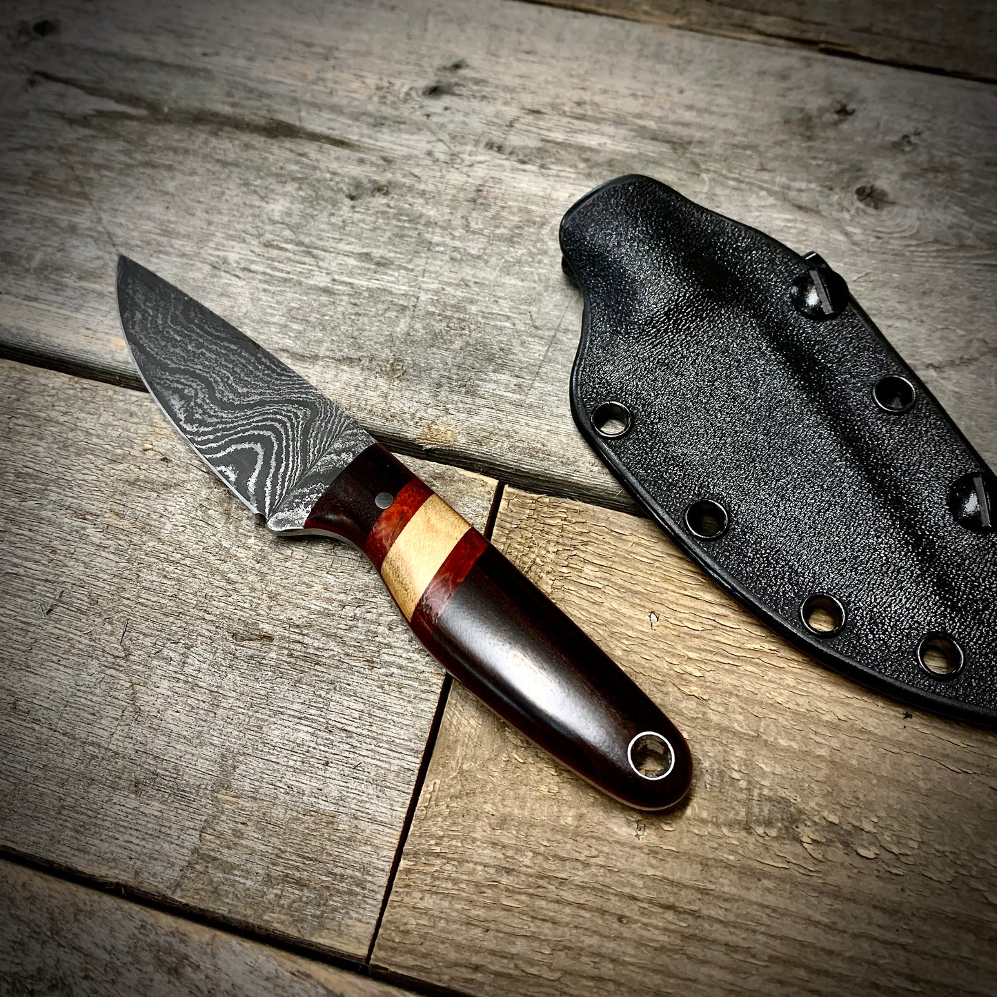 Damascus EDC Knife with Laminated Wood Handle