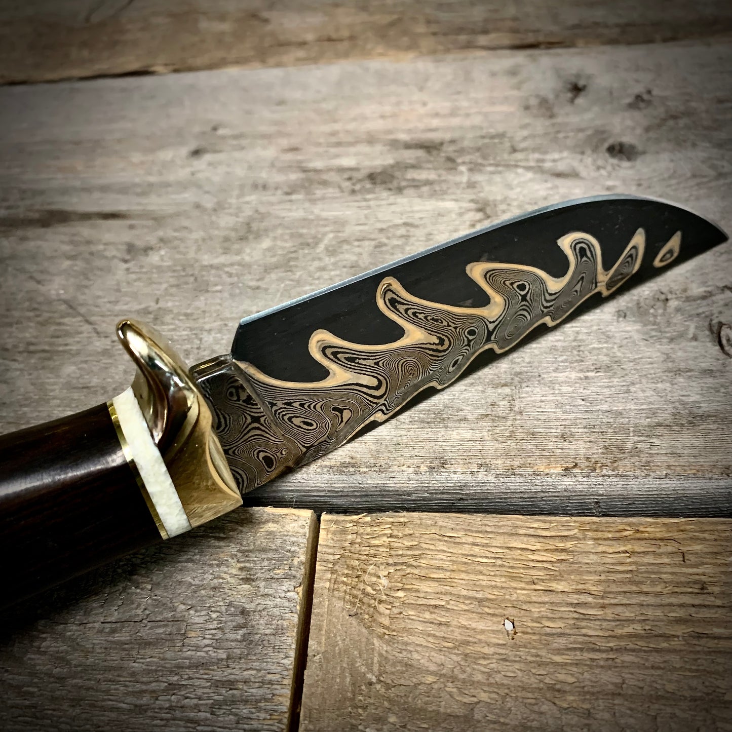 Bronze Damascus Hunter with Makassar Ebony & Mammoth Tusk Handle