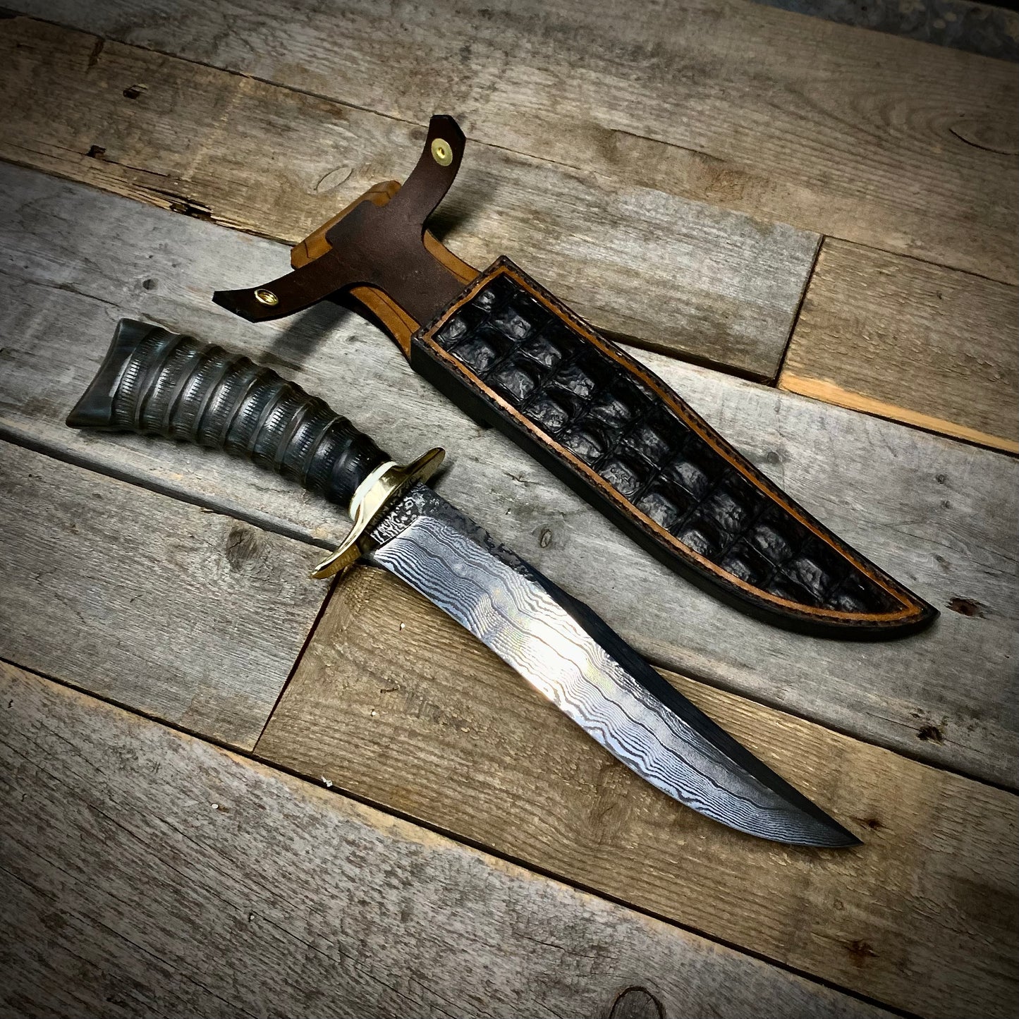 Damascus Bowie Bison Horn Handle