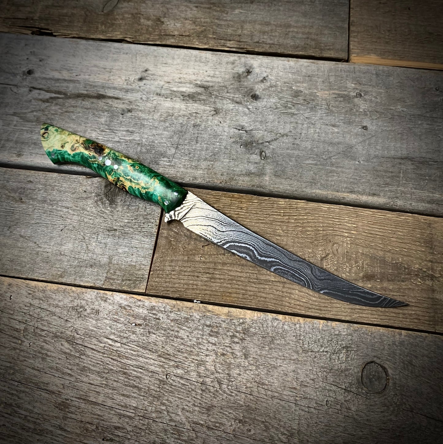 Damascus Fillet Knife (Green Manitoba Maple Handle)