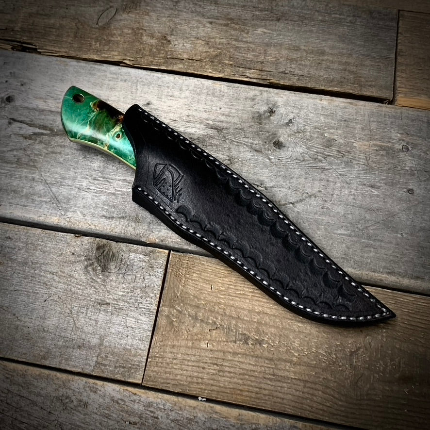 Damascus Hunter Green Maple Burl Handle