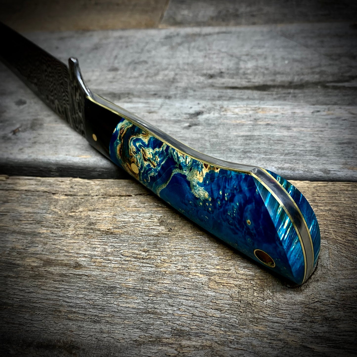 Damascus Hunter Blue Maple Burl Handle