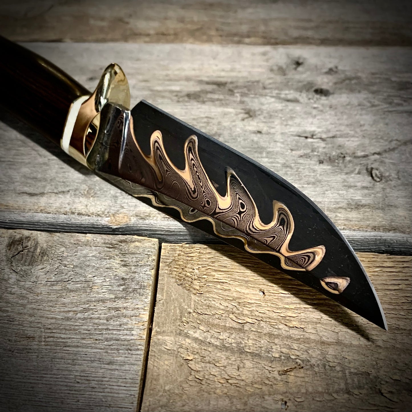 Bronze Damascus Hunter with Makassar Ebony & Mammoth Tusk Handle