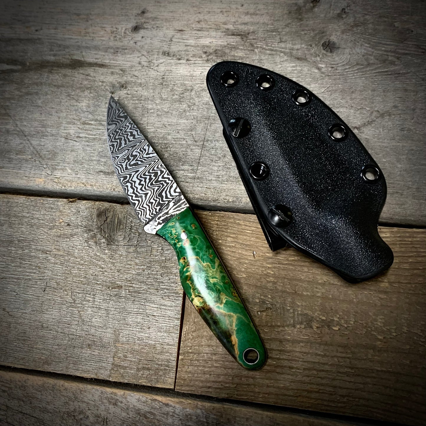 Damascus EDC Knife with Green Maple Handle