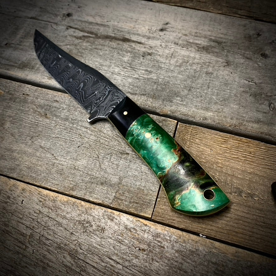 Damascus Hunter Green Maple Burl Handle