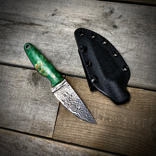 Damascus EDC Knife with Green Maple Handle