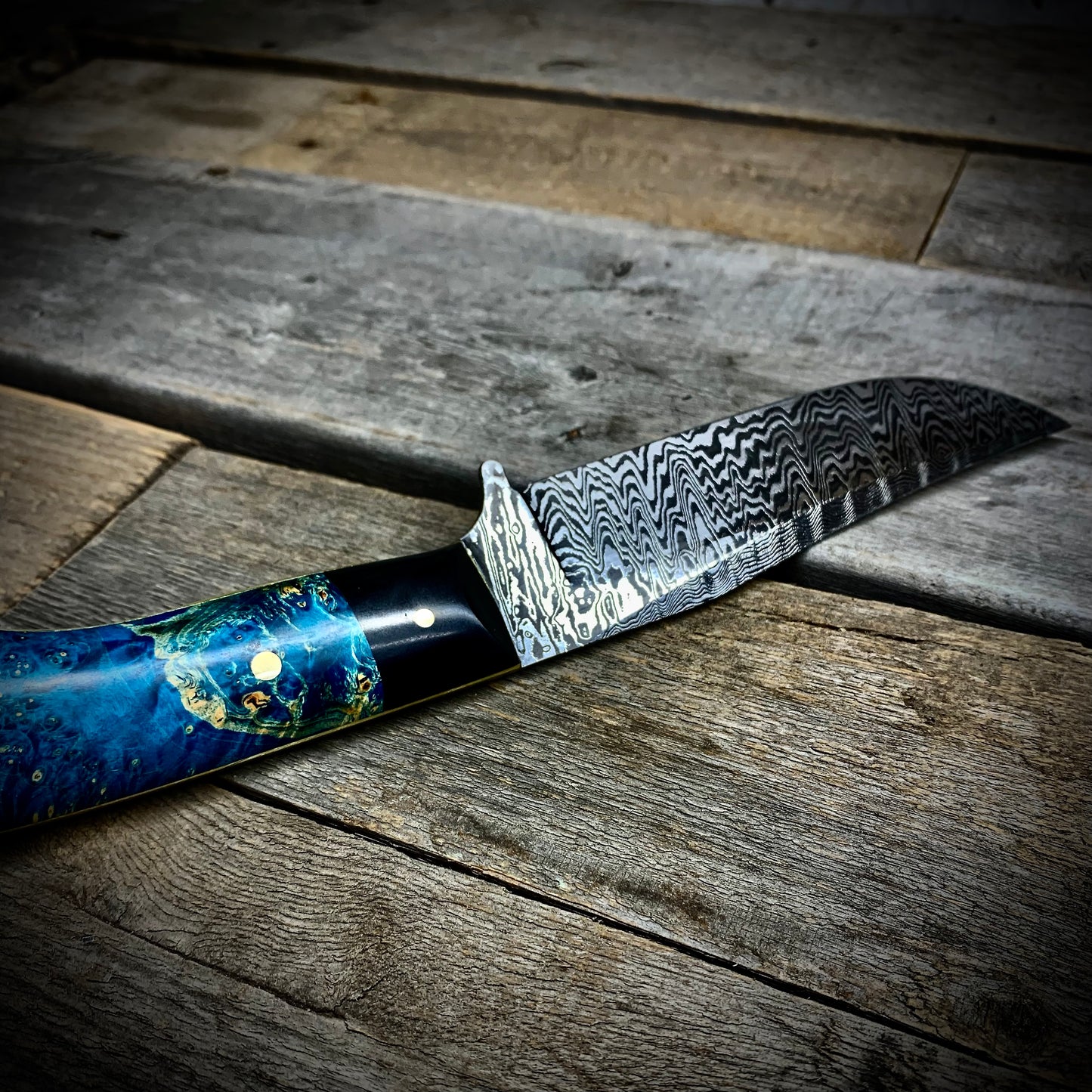 Damascus Hunter Blue Maple Burl Handle