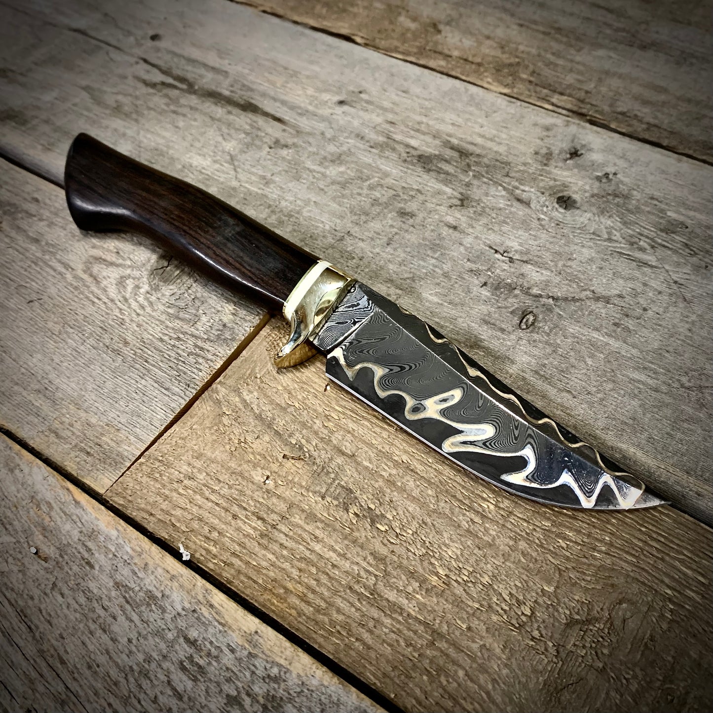 Bronze Damascus Hunter with Makassar Ebony & Mammoth Tusk Handle