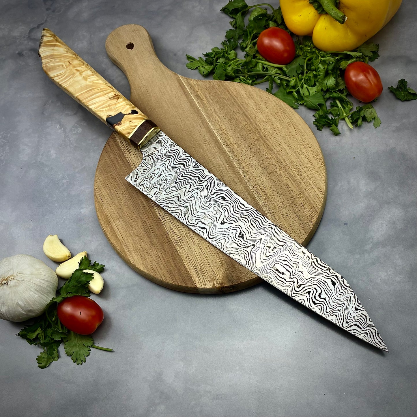 Damascus Japanese Kiritsuke - Live Edge Maple Burl Handle