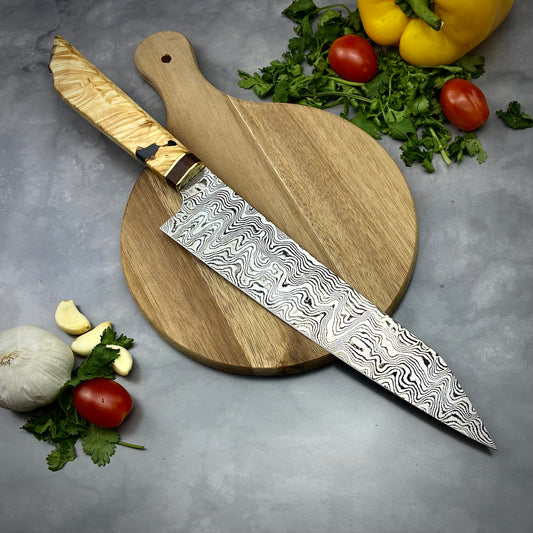 Damascus Japanese Kiritsuke - Live Edge Maple Burl Handle