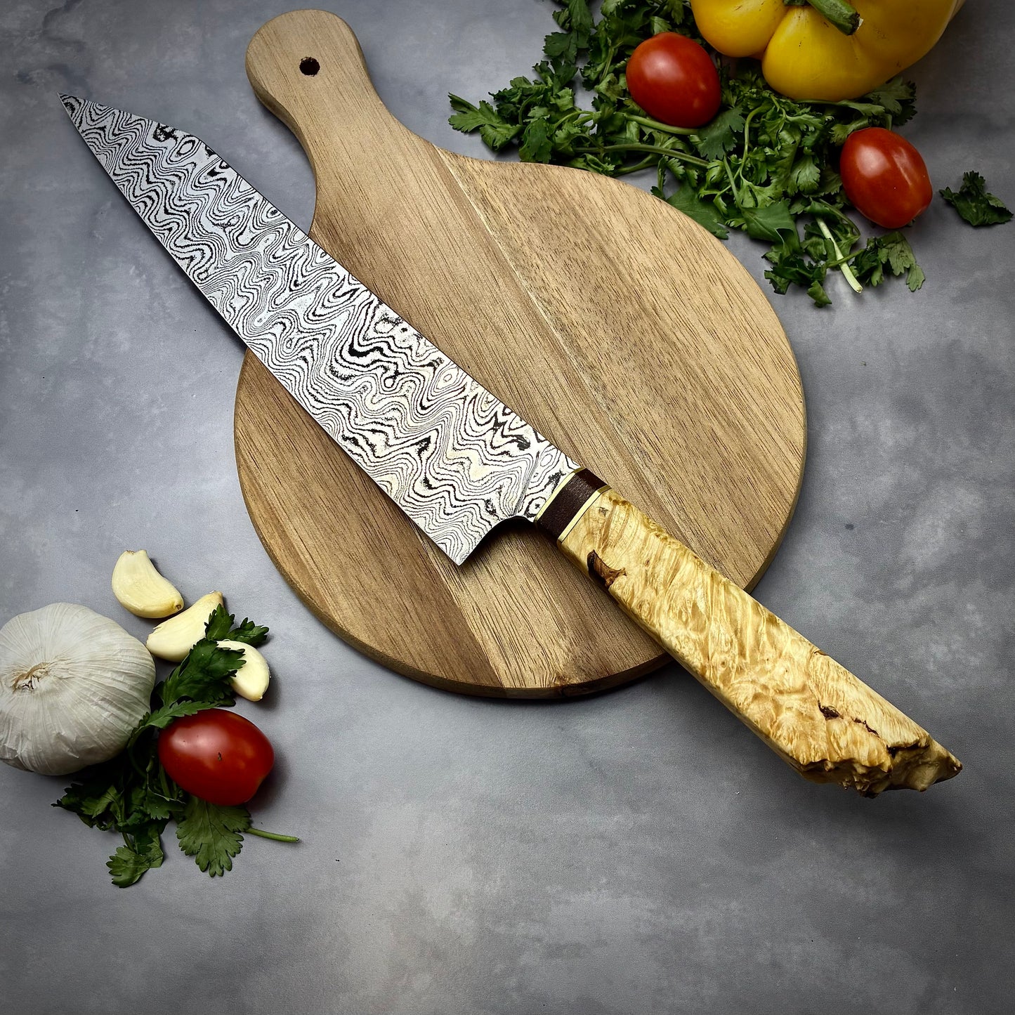 Damascus Japanese Kiritsuke - Live Edge Maple Burl Handle