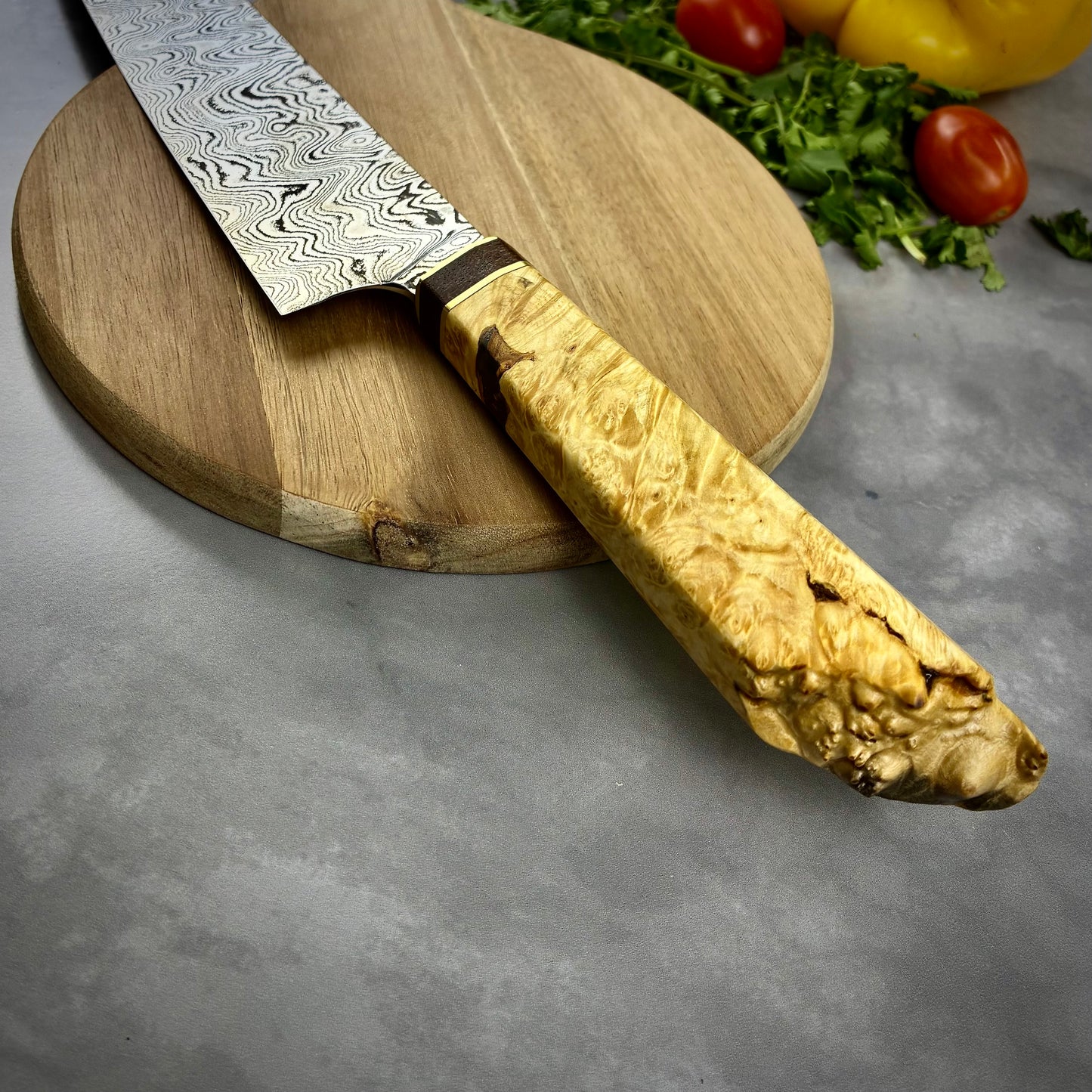 Damascus Japanese Kiritsuke - Live Edge Maple Burl Handle
