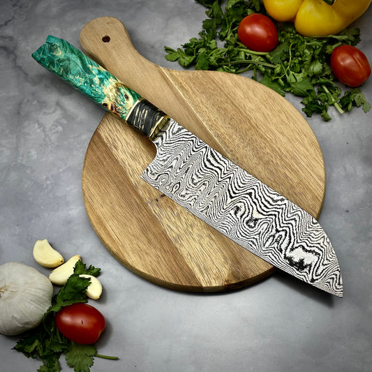 Japanese Santoku - Live Edge Maple Handle - Hand Forged Damascus Steel