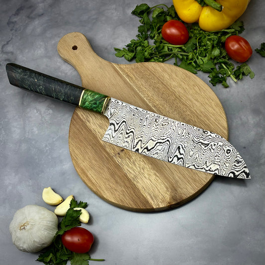 Japanese Santoku - Live Edge Maple Handle - Hand Forged Damascus Steel