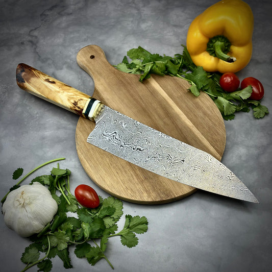 Damascus Japanese Bunka - Maple Burl & Mammoth Tusk