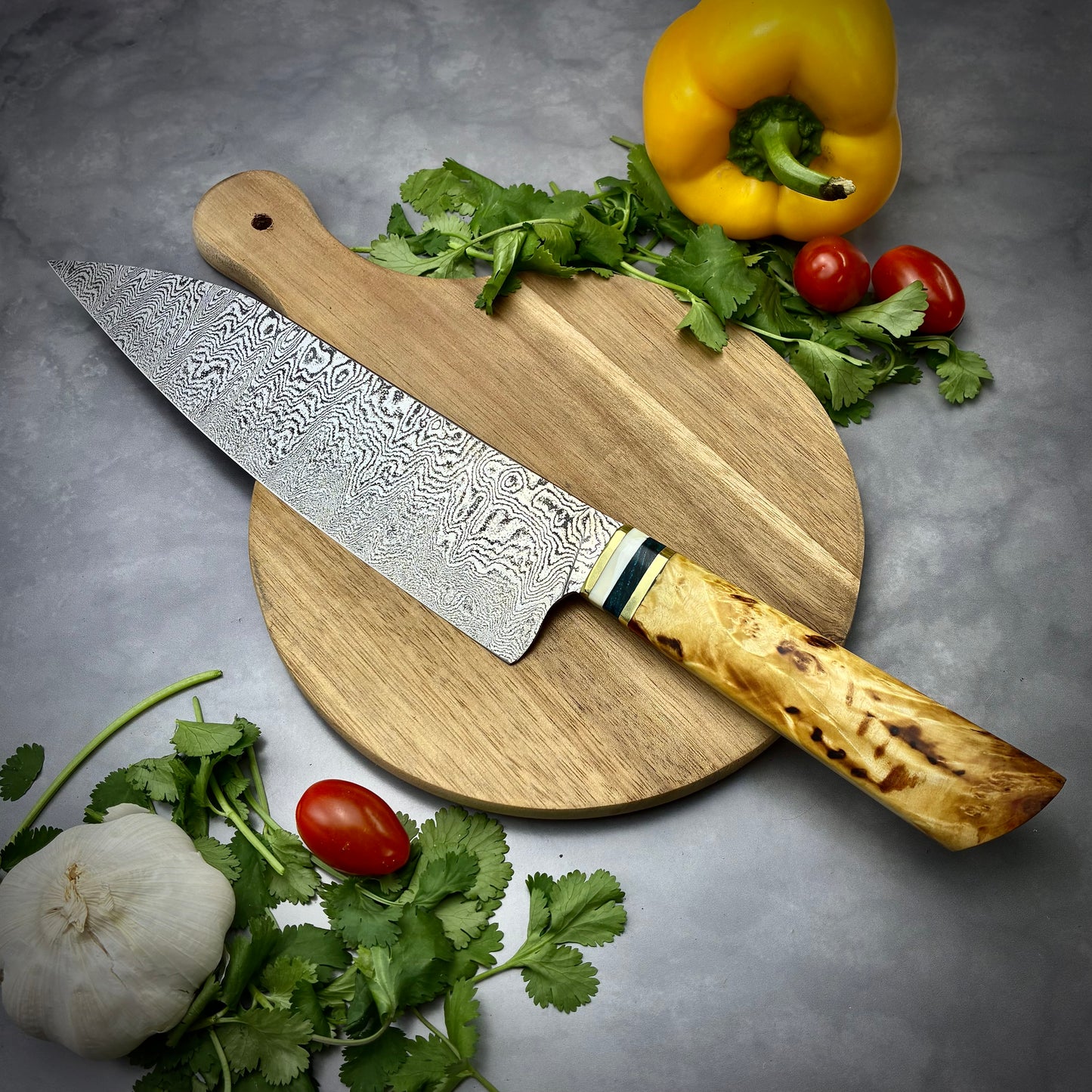 Damascus Japanese Bunka - Maple Burl & Mammoth Tusk