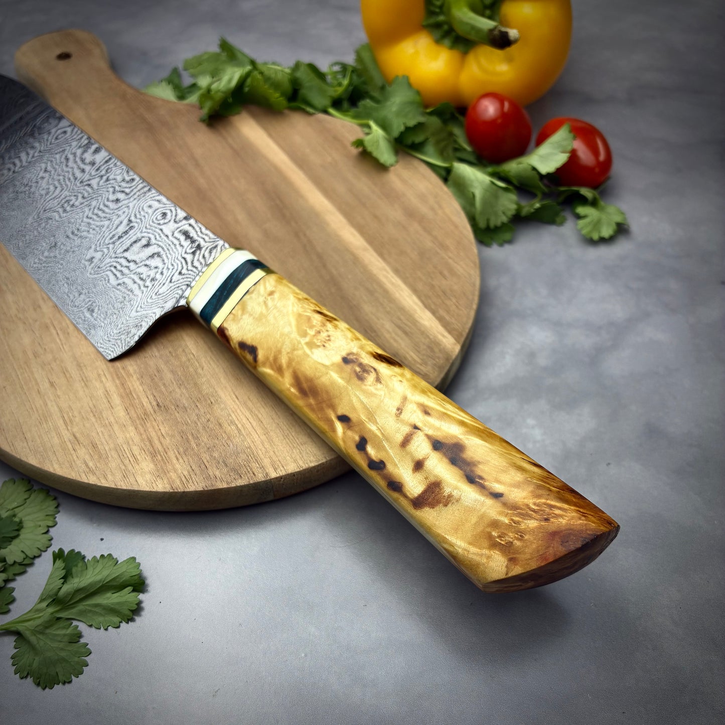 Damascus Japanese Bunka - Maple Burl & Mammoth Tusk