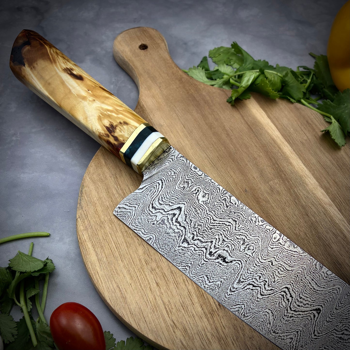 Damascus Japanese Bunka - Maple Burl & Mammoth Tusk